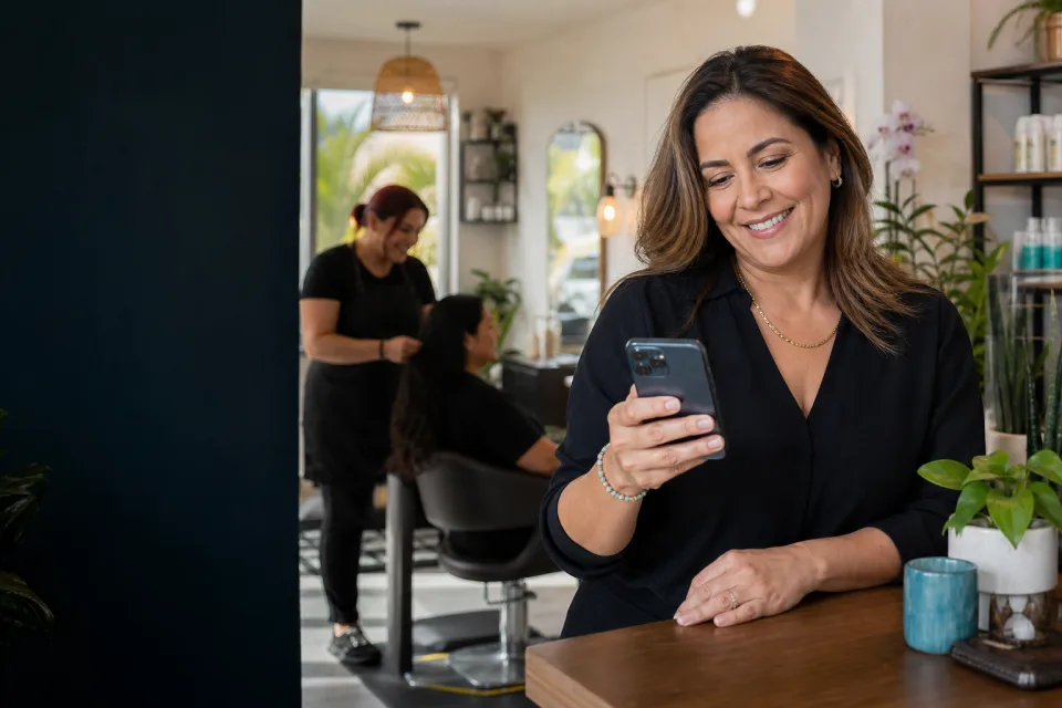 Owner of a Miami beauty business using her phone