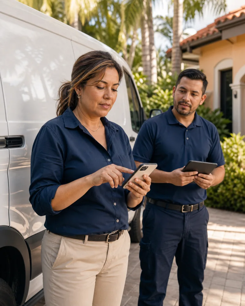 Miami home-services owner coordinating work from her phone