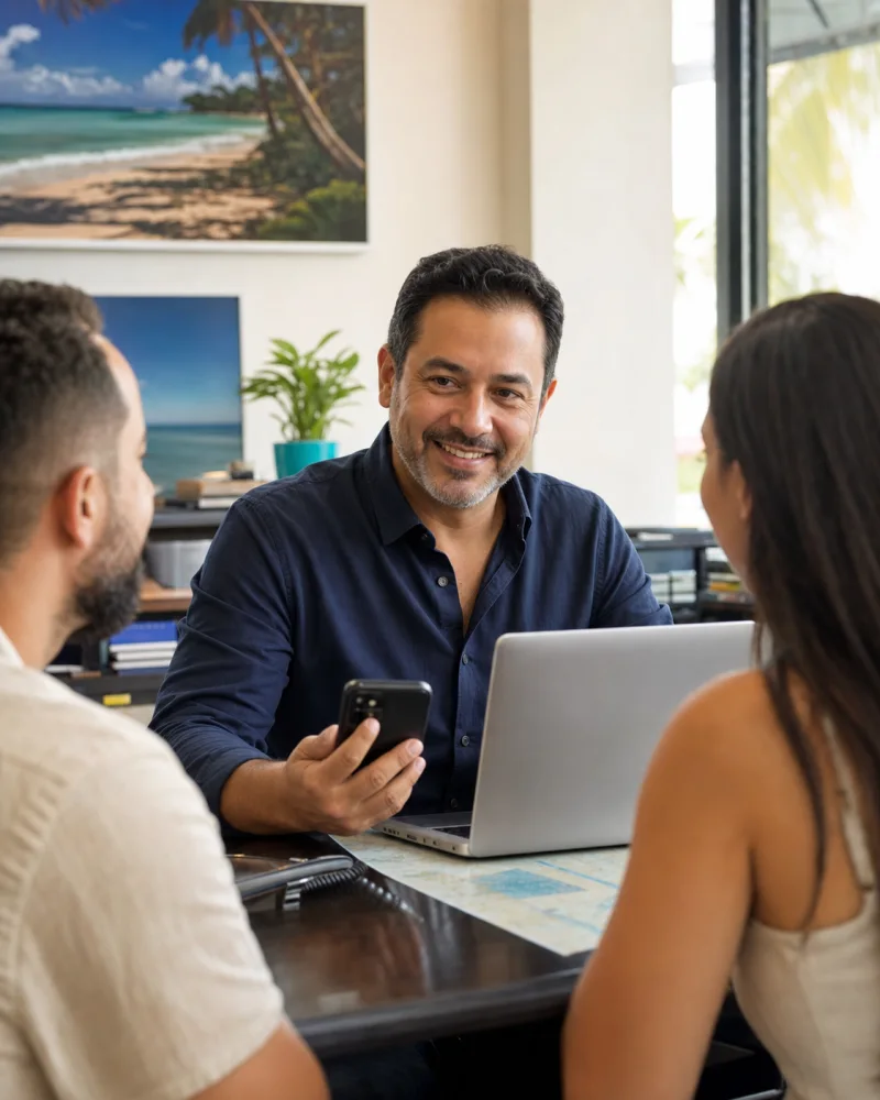 Miami travel agency owner helping customers while managing a phone inquiry